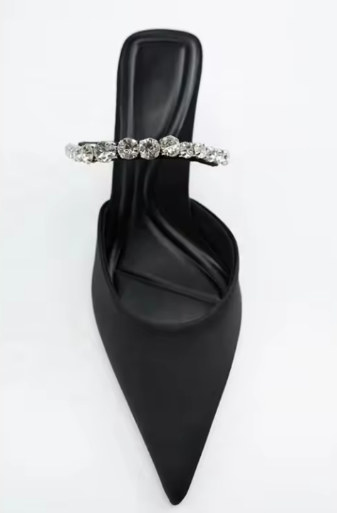 #4457 Black Mule Pumps Rhinestone Decor Satin Point Toe Pyramid Heeled