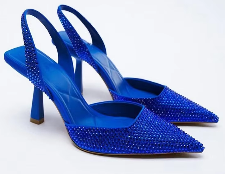 #ZA-5578 Glitter Rhinestone Sling Back Pointed Toe Mid Kitten Heel Pumps Shoe