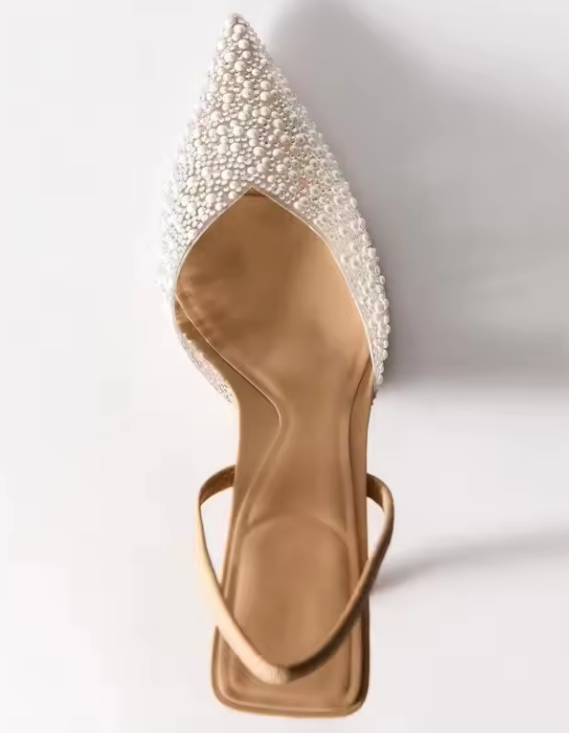 #6363 High-Heel Slingback Shoes With Faux Pearls Beige