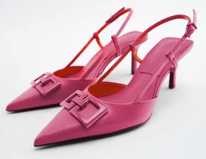 #1198 High-heels Buckle Pointed-Toe Slingback Sandals Rose Red Stiletto