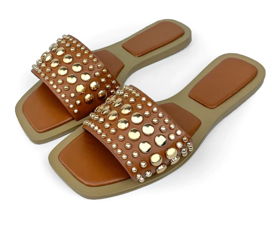 #1477 Womens Flat Gold Beaded Slider Ladies Slip On Open Toe Sandal