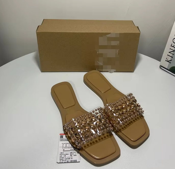 #1477 Womens Flat Gold Beaded Slider Ladies Slip On Open Toe Sandal