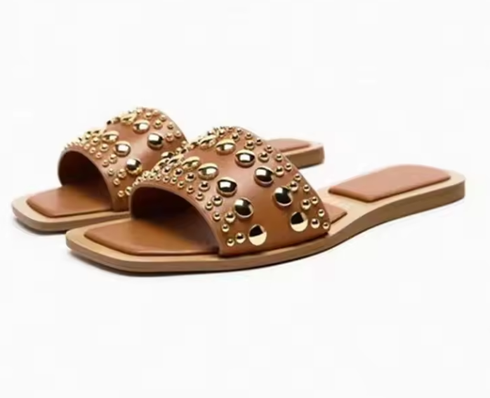 #1477 Womens Flat Gold Beaded Slider Ladies Slip On Open Toe Sandal