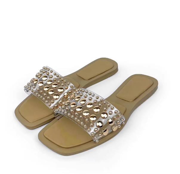 #1477 Womens Flat Gold Beaded Slider Ladies Slip On Open Toe Sandal