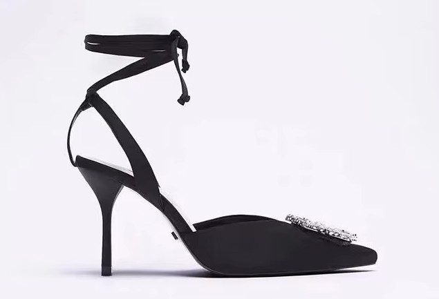 #ZA-3339 White High Heels Black Shoes Rhinestone Pointed Ankle Strap Sandals