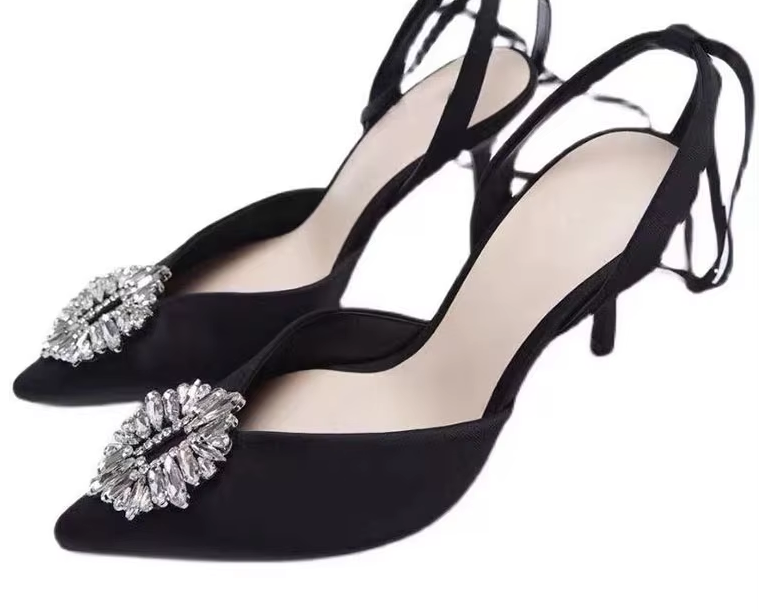 #ZA-3339 White High Heels Black Shoes Rhinestone Pointed Ankle Strap Sandals