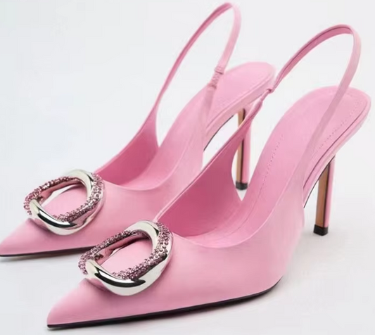 #4358 Pink Embellished Satin Slingbacks High Heel Shoes