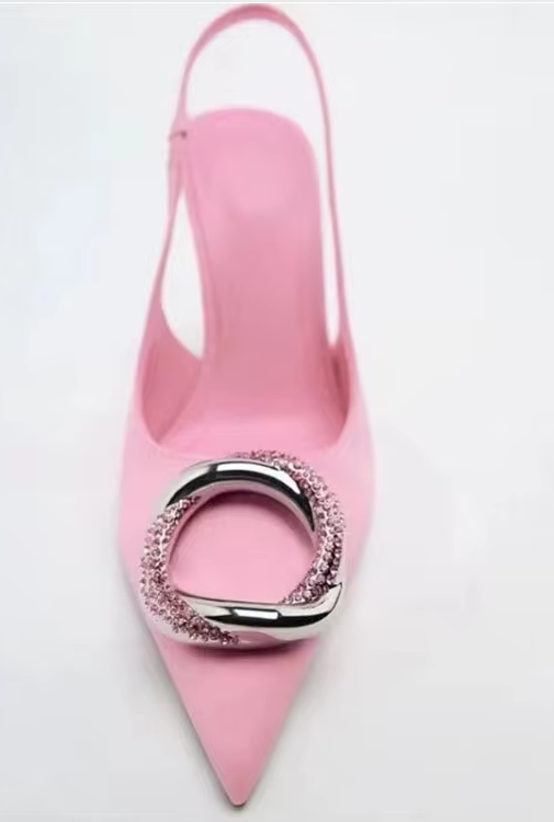 #4358 Pink Embellished Satin Slingbacks High Heel Shoes