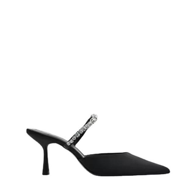 #4457 Black Mule Pumps Rhinestone Decor Satin Point Toe Pyramid Heeled