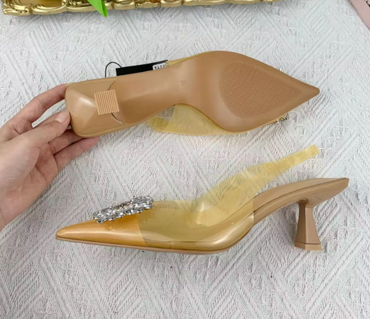 #5633 Rhinestone High Heel Strap transparent upper closed pointed toe Sandals