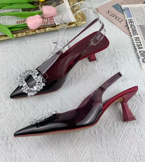 #5633 Rhinestone High Heel Strap transparent upper closed pointed toe Sandals