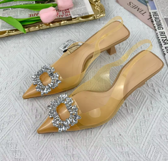 #5633 Rhinestone High Heel Strap transparent upper closed pointed toe Sandals