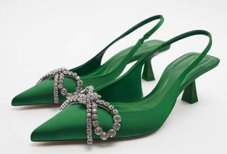 #ZA-1297 PU Pointy Toe Diamante Bowknot Slingbacks Heeled Sandals