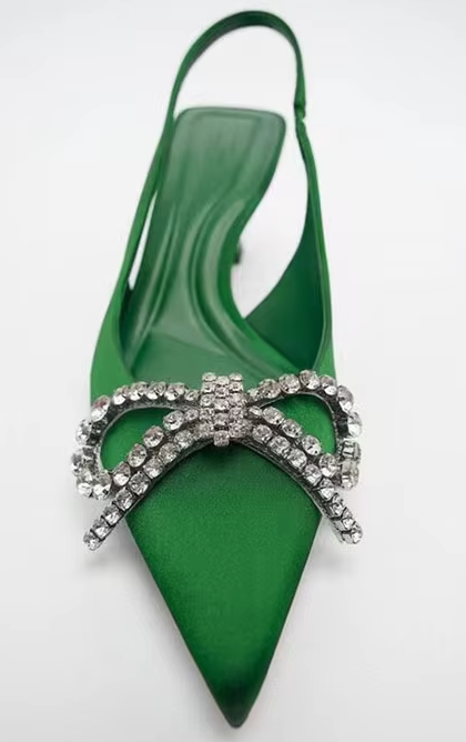 #ZA-1297 PU Pointy Toe Diamante Bowknot Slingbacks Heeled Sandals